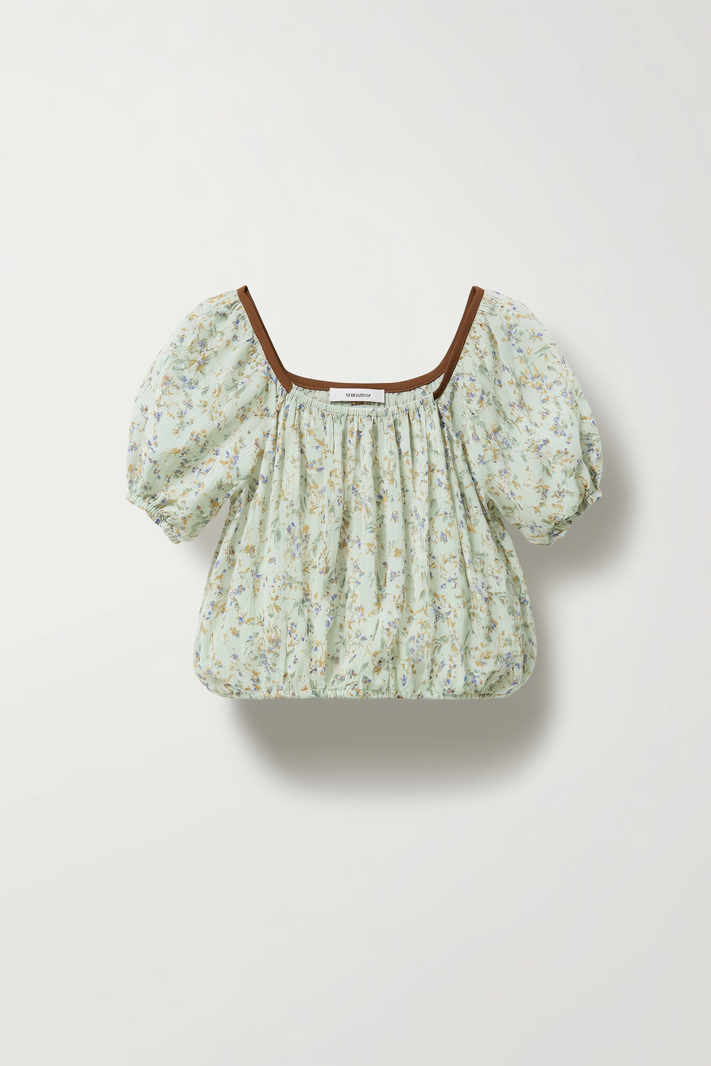 Light Green Floral Print Blouse with Brown Tie