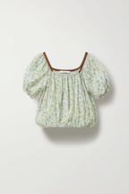 Light Green Floral Print Blouse with Brown Tie