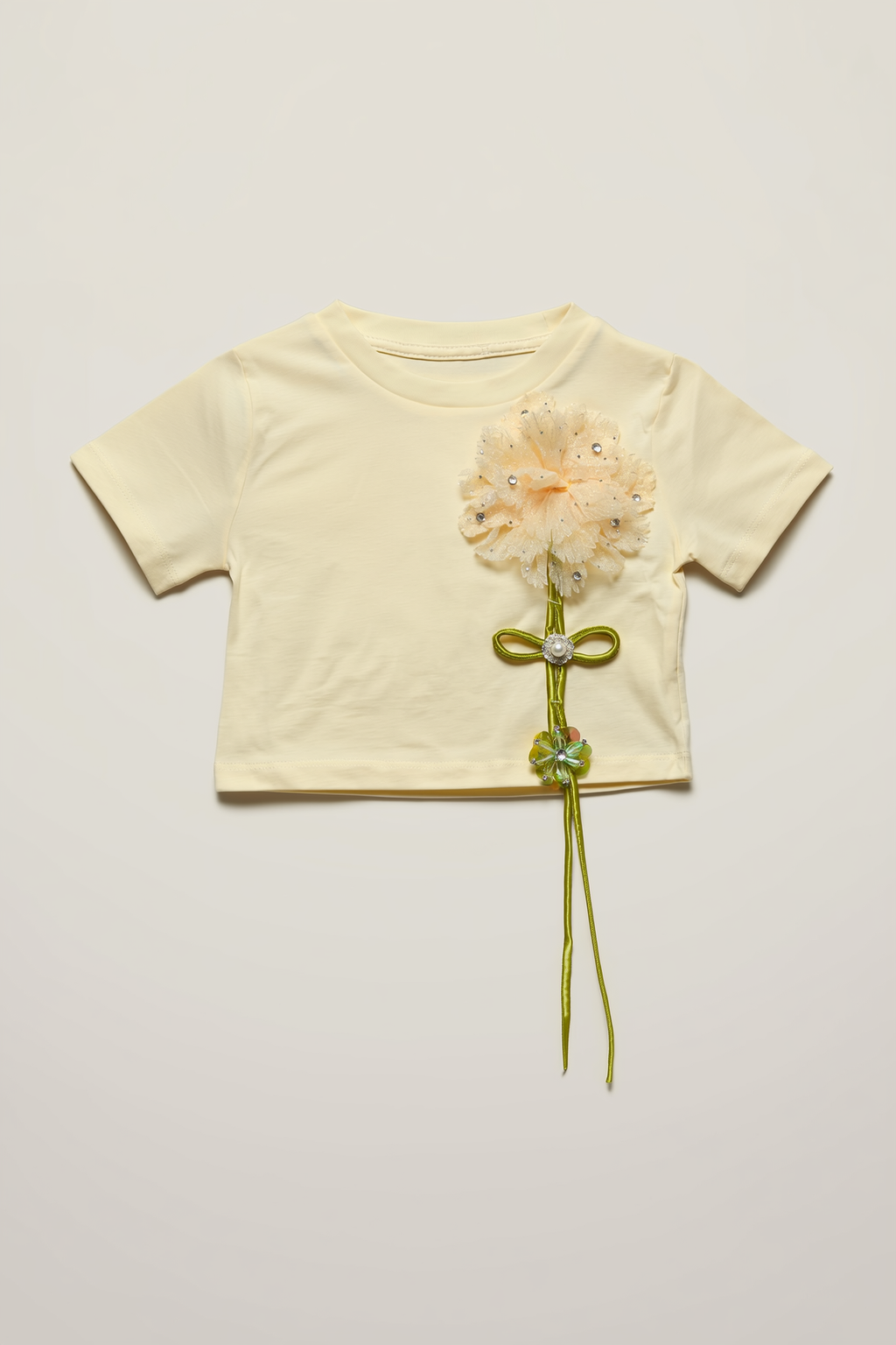 Kids' Cream Ruffled Top with Floral Appliqué