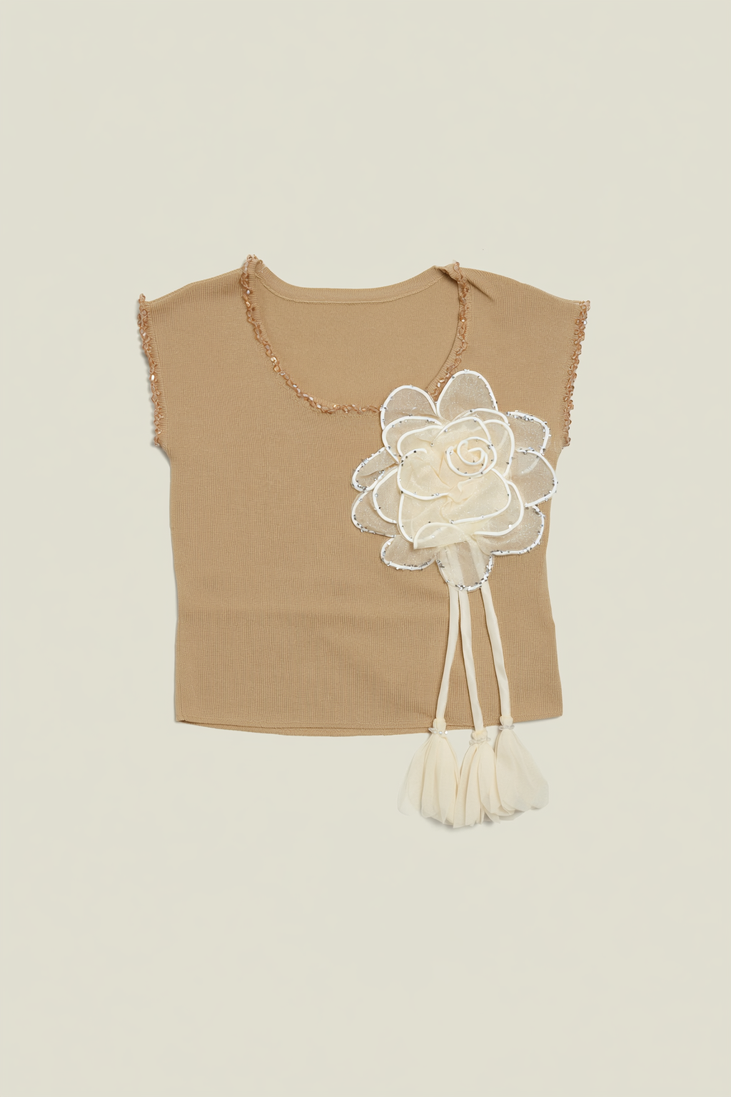 Beige Ribbed Knit Top with Floral Applique