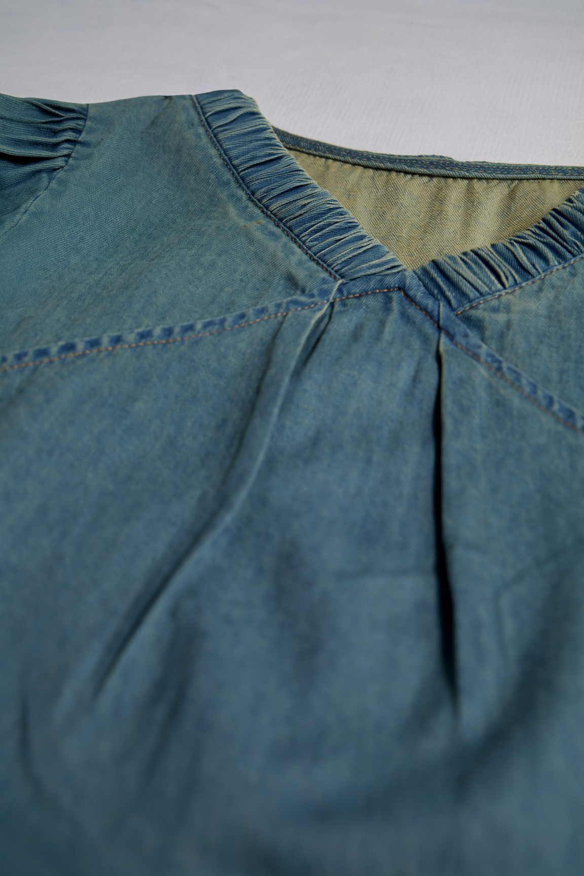Pleated V-Neck Denim Top