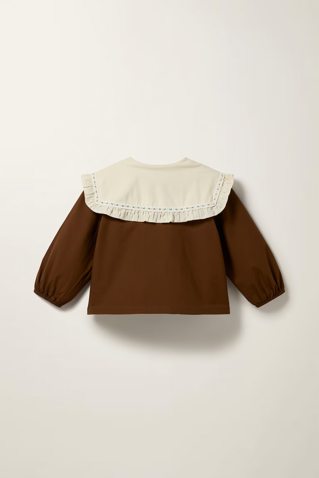 Brown Ruffle & Embroidered Collar Blouse