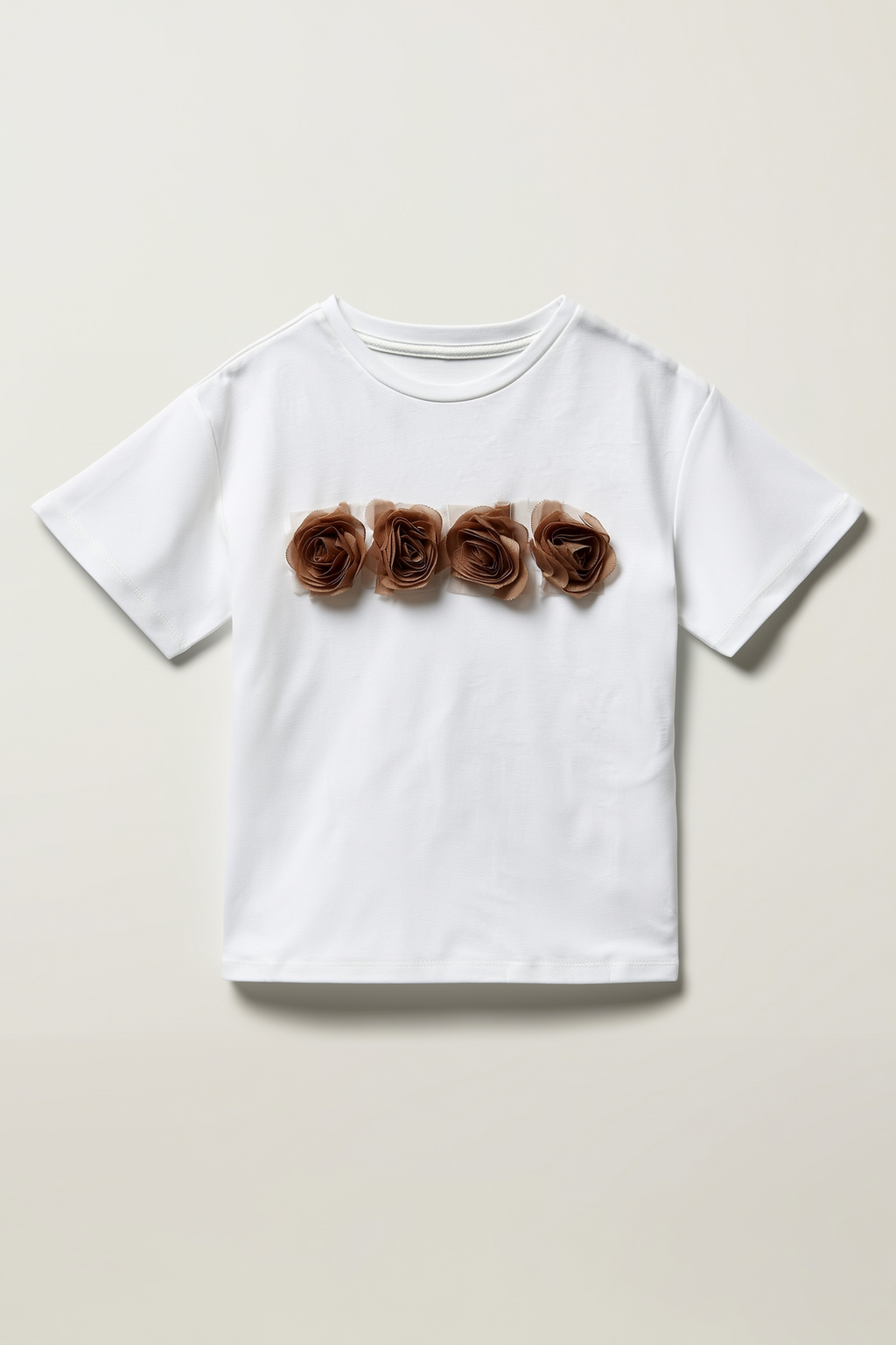 Chic White Short-Sleeve T-shirt with Satin Flowers