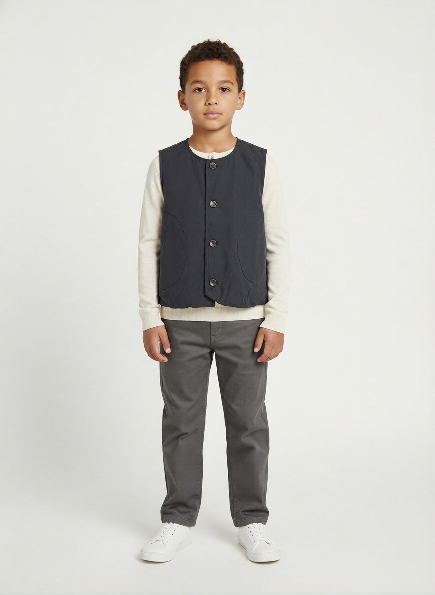 Dark grey collarless utility vest