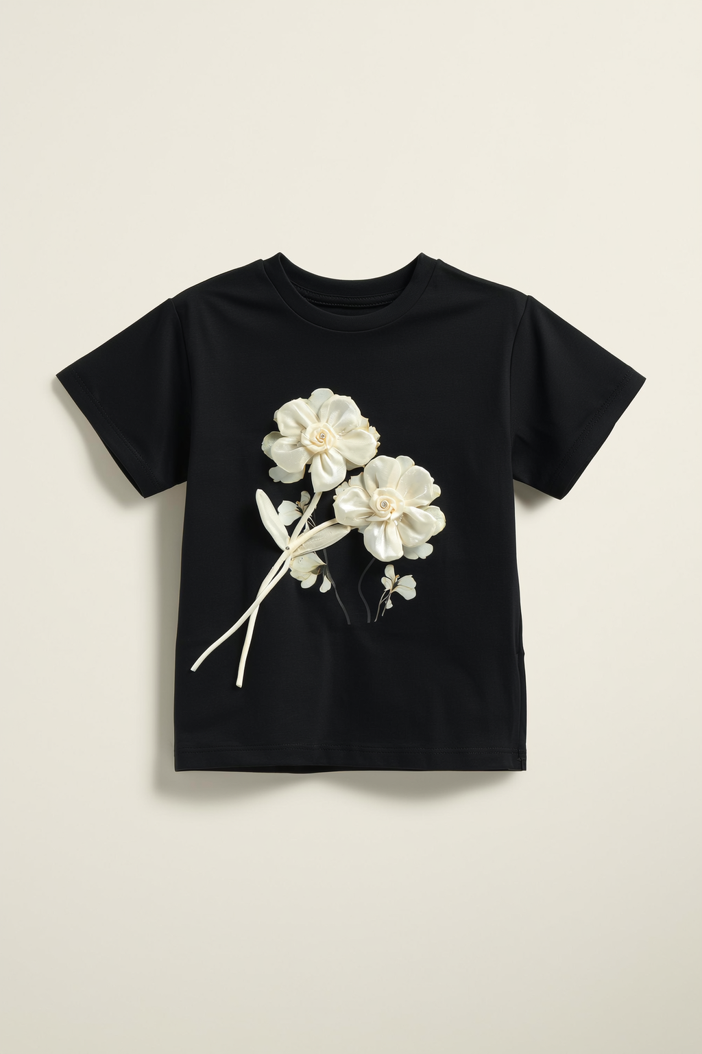 Casual Black T-Shirt with Statement Flower