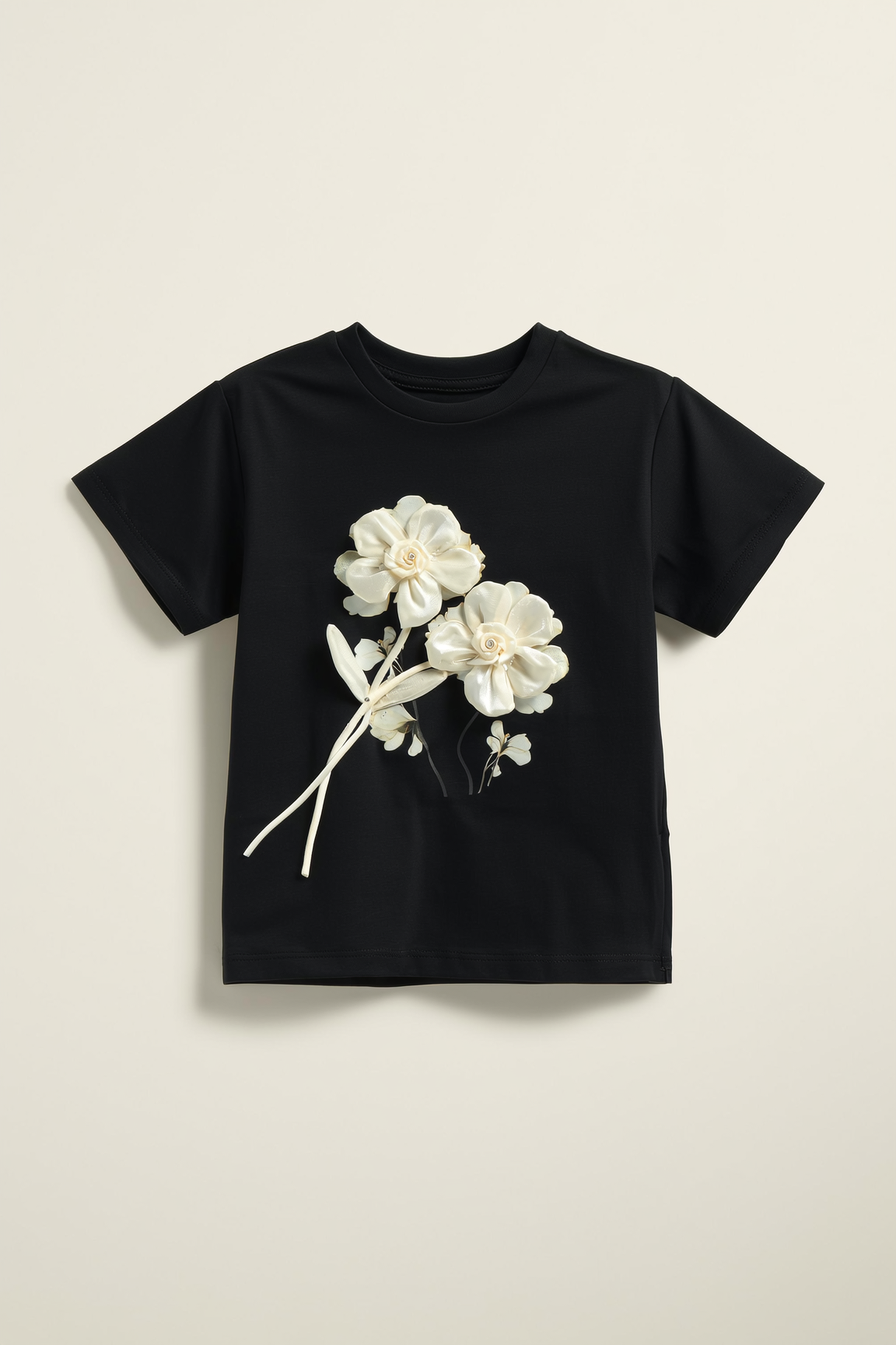 Casual Black T-Shirt with Statement Flower