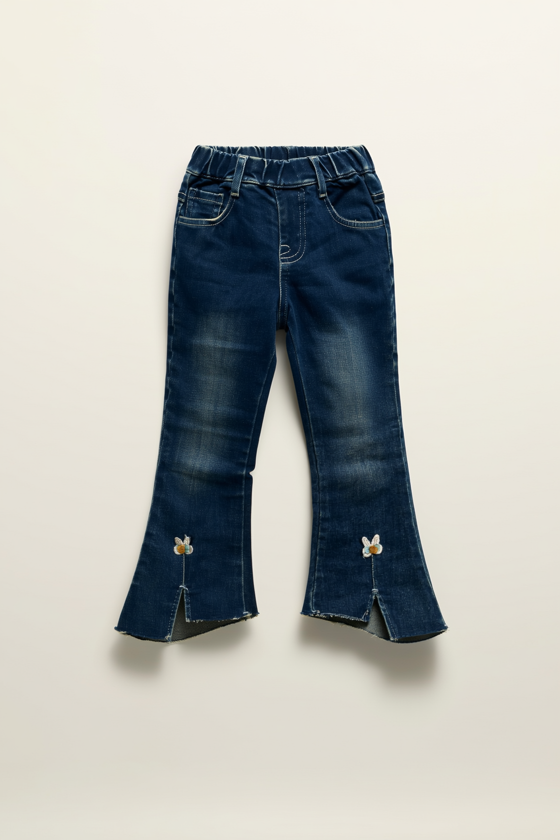 Girls' Dark Blue Floral Embroidered Split-Hem Flare Jeans