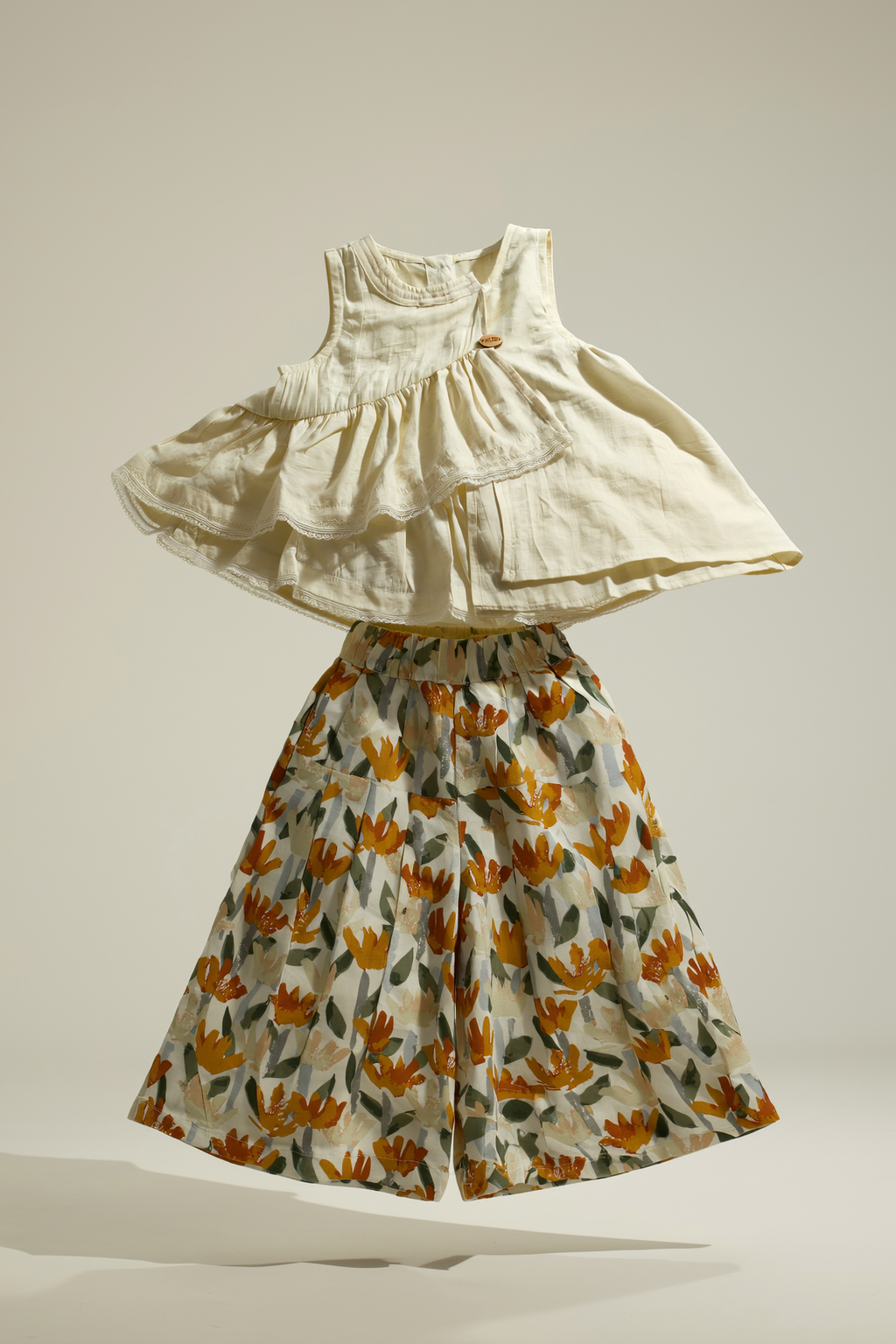 Girls' Cream Tiered Top with Floral Print Wide-Leg Pants