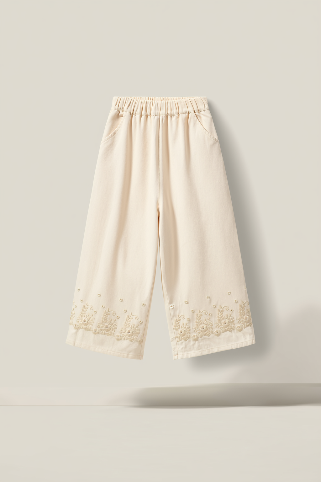Cream Embroidered Wide-Leg Trousers