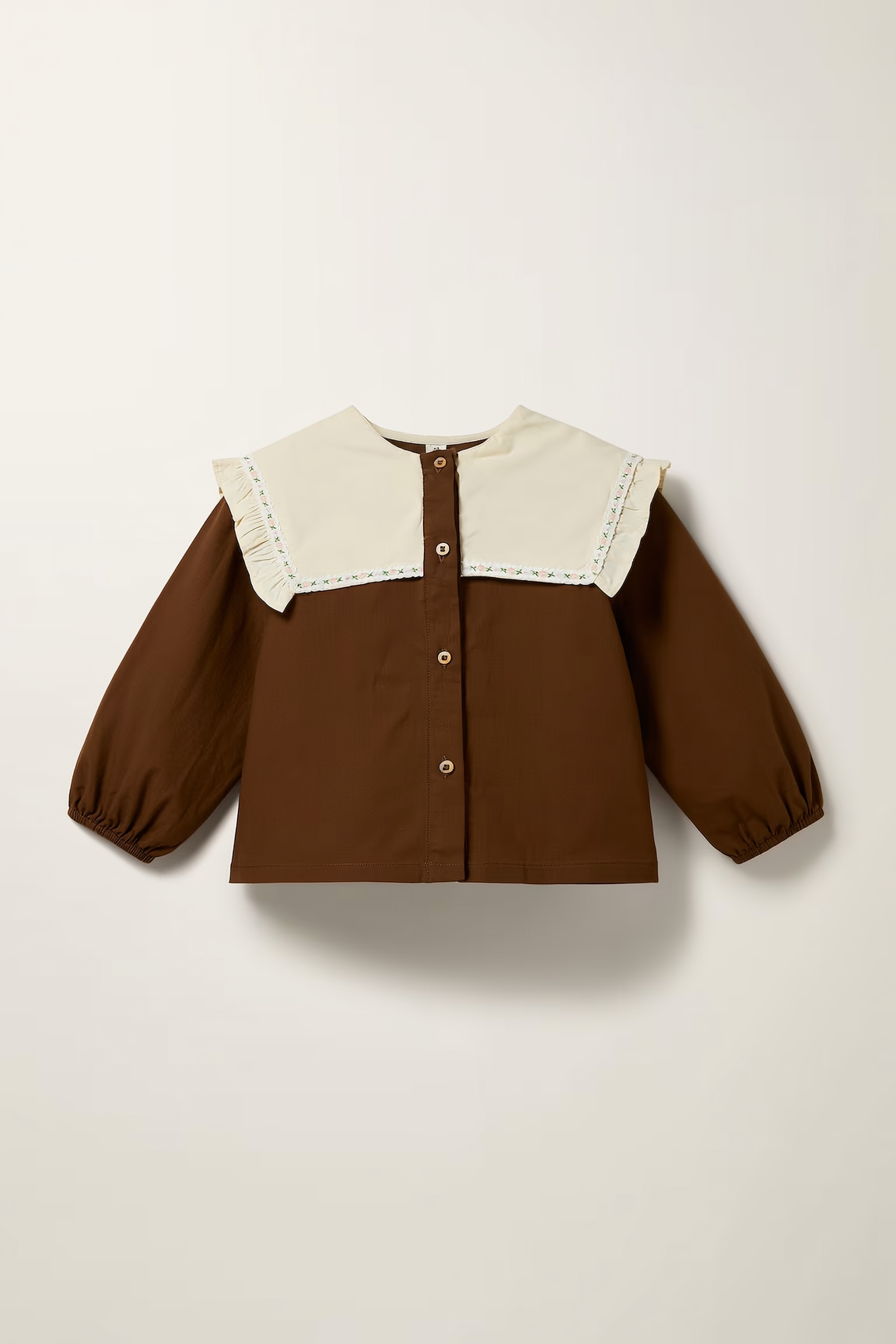 Brown Ruffle & Embroidered Collar Blouse