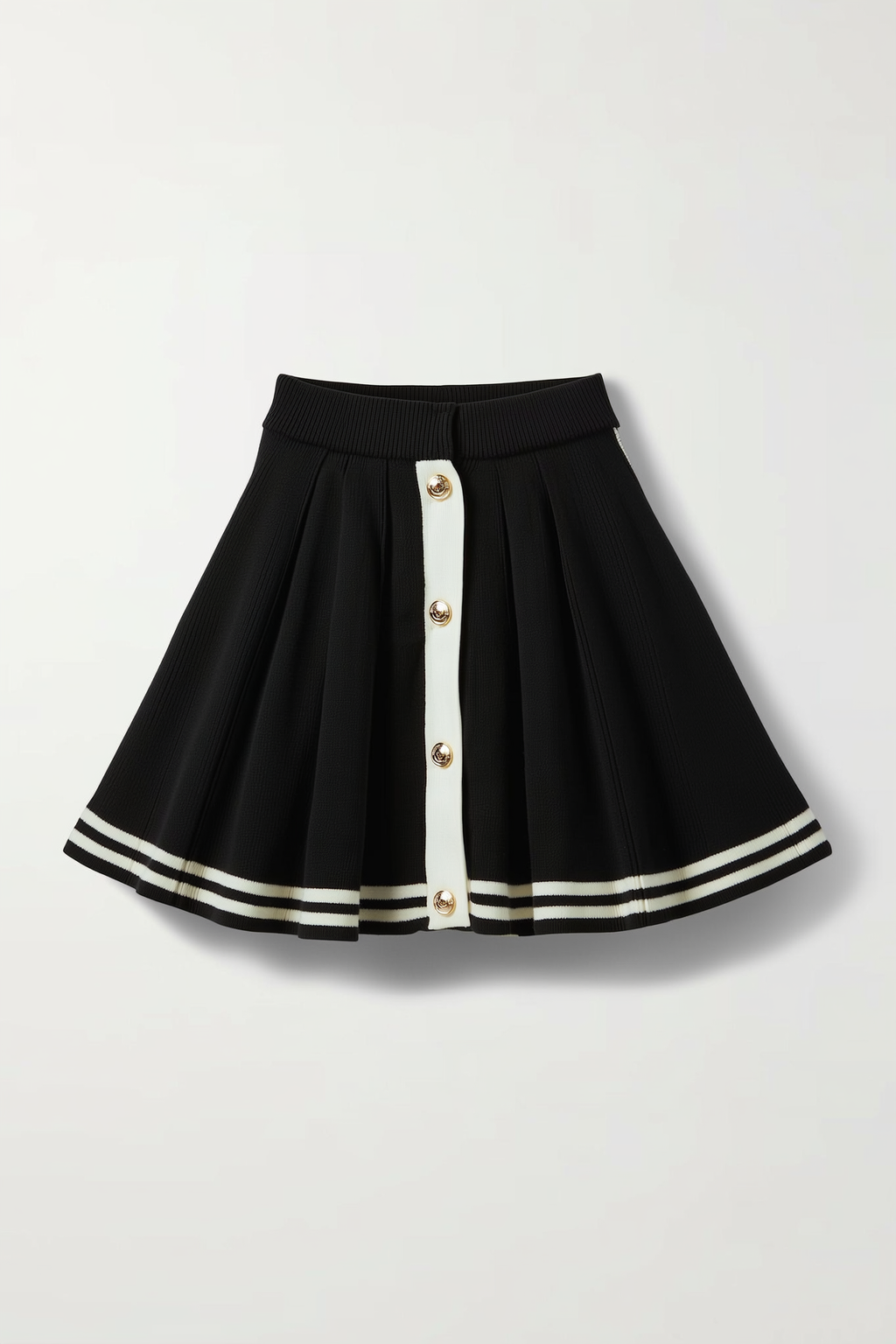 Black Knit Pleated Mini Skirt with White Stripes