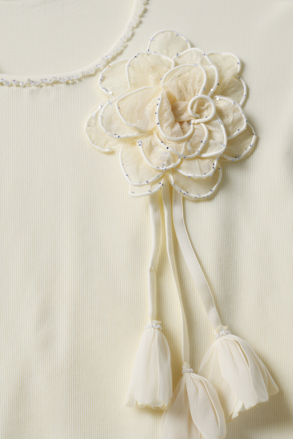 Girls' Cream Cap Sleeve Top with 3D Flower Detail