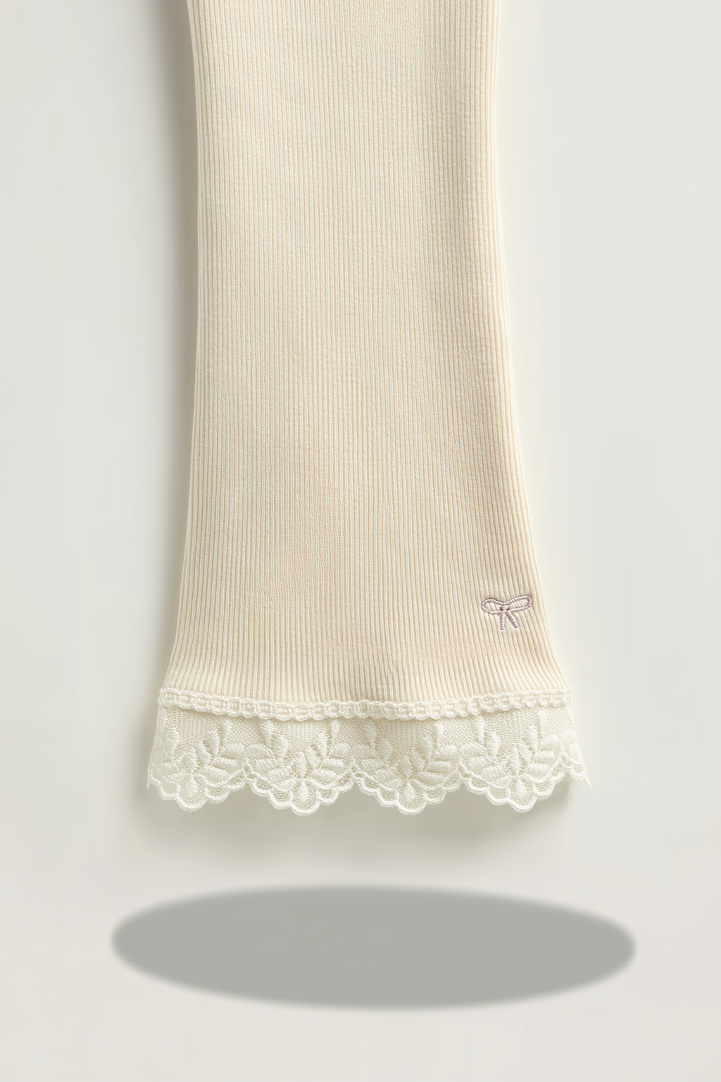 Girls light beige ribbed flared leggings with lace trim