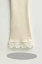 Girls light beige ribbed flared leggings with lace trim