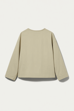 beige collarless button-up cardigan