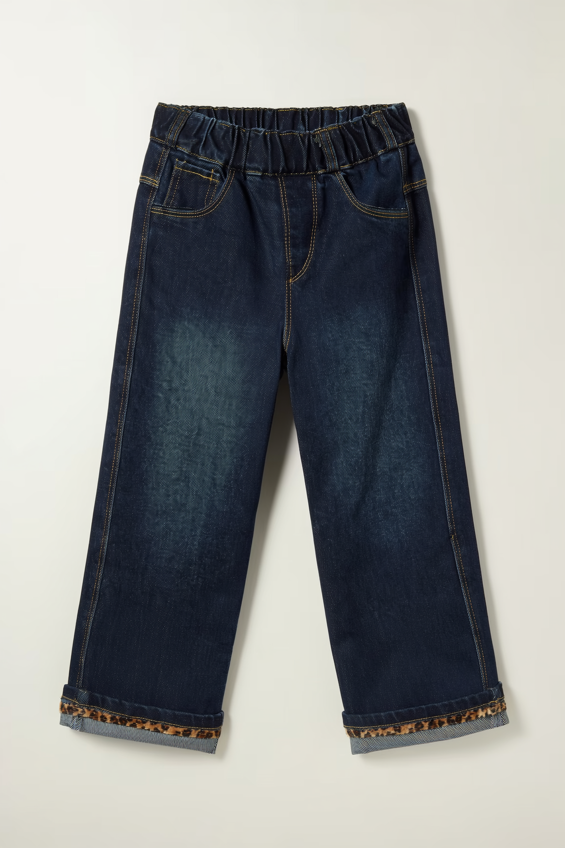 girls wide-leg denim jeans brown & black leopard-print lining