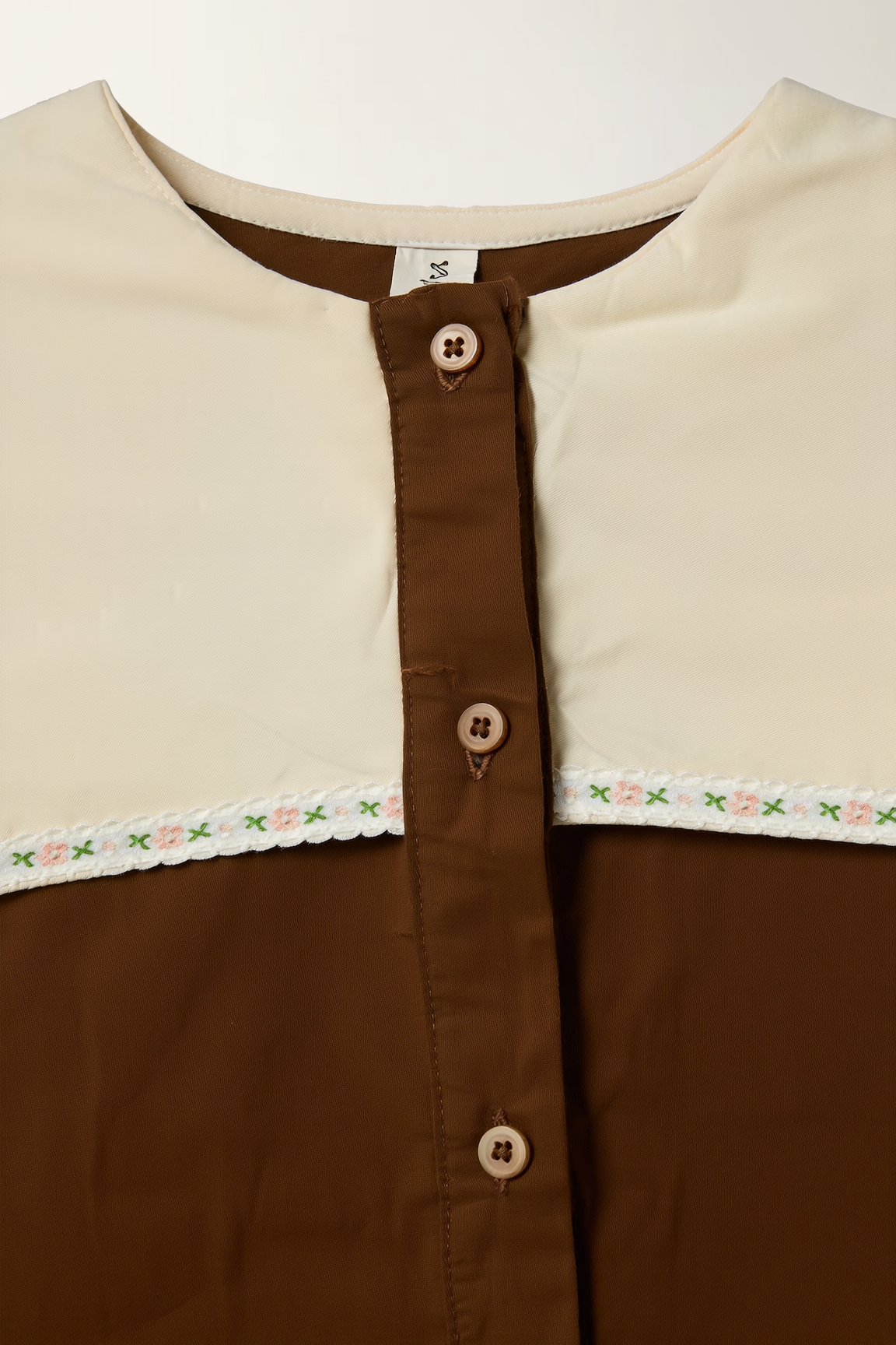 Brown Ruffle & Embroidered Collar Blouse