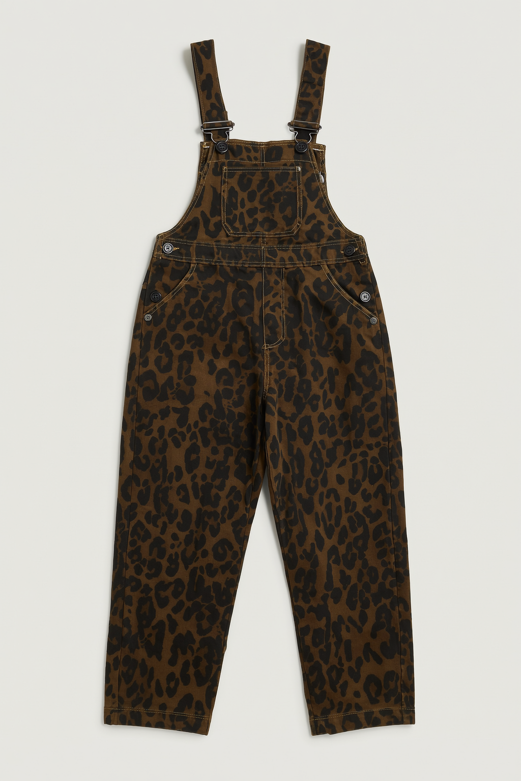 brown and black leopard-print denim dungarees