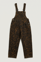 brown and black leopard-print denim dungarees