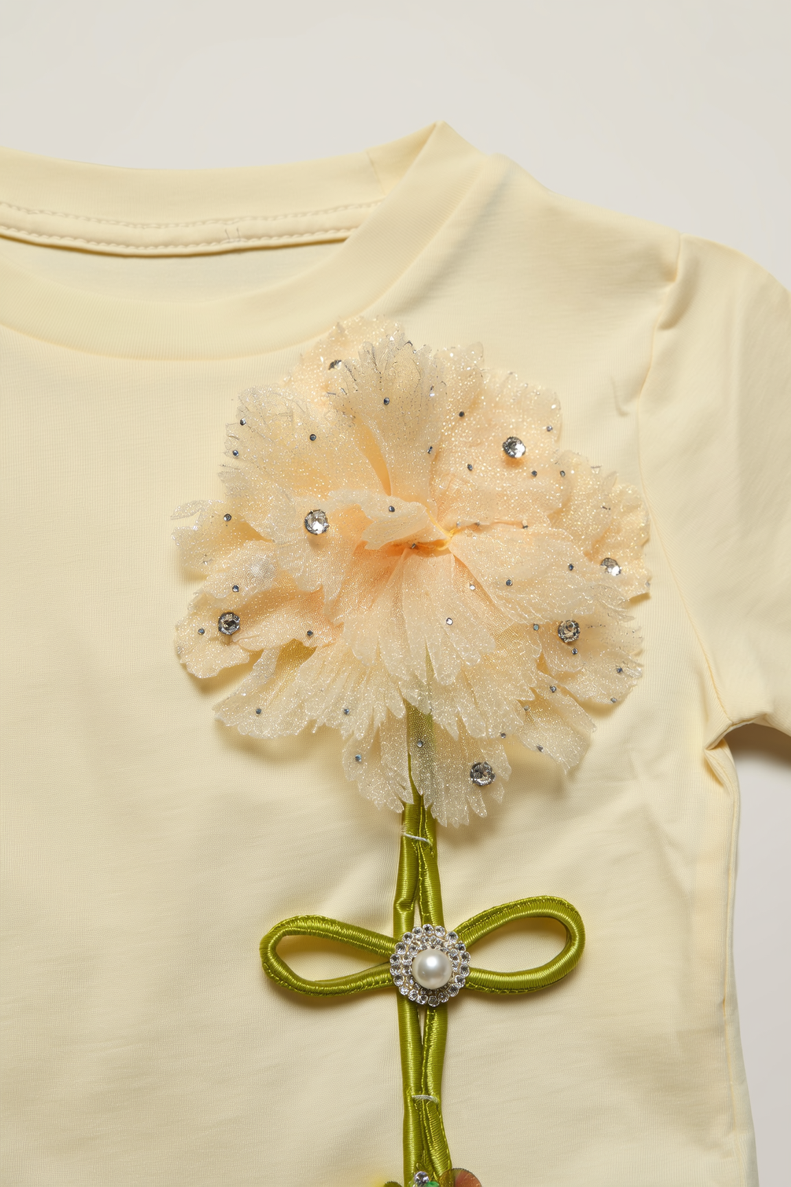 Kids' Cream Ruffled Top with Floral Appliqué