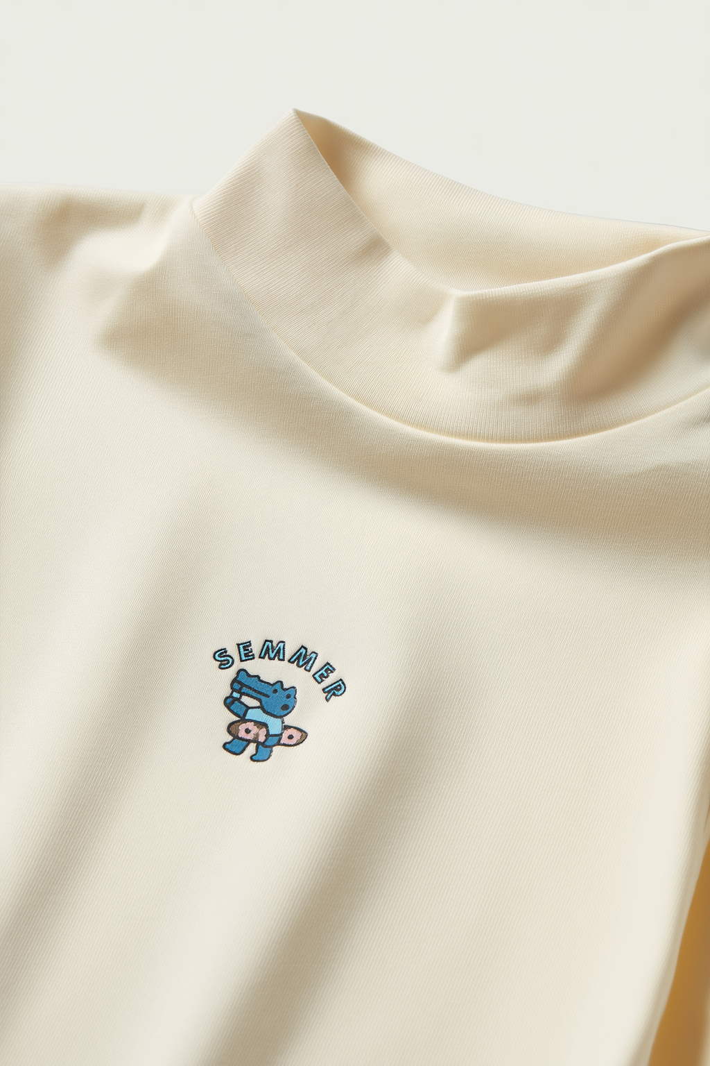 Regular Fit Cream Mock Neck Embroidered Unisex kids T-Shirt