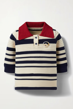Boys' Navy & Cream Striped Knit Polo Shirt with Patch