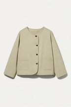 beige collarless button-up cardigan