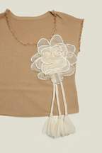 Beige Ribbed Knit Top with Floral Applique