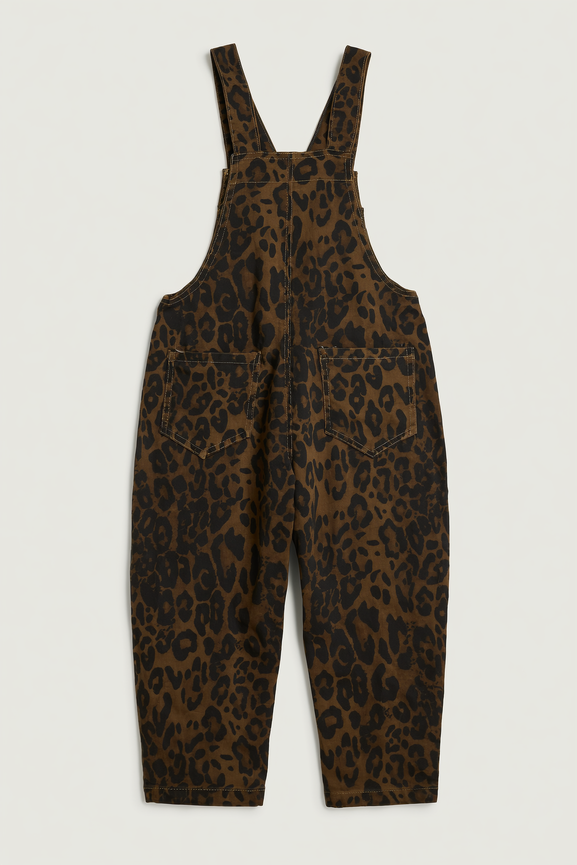 brown and black leopard-print denim dungarees