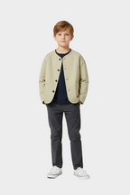 beige collarless button-up cardigan