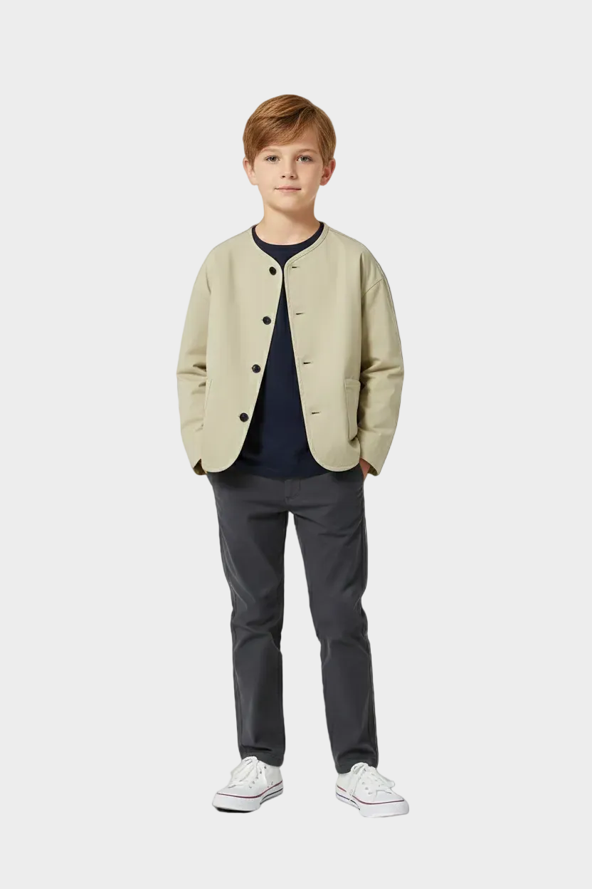 beige collarless button-up cardigan