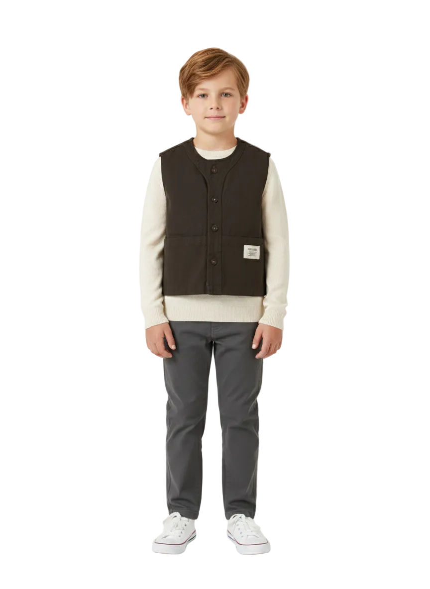 Dark brown collarless utility vest