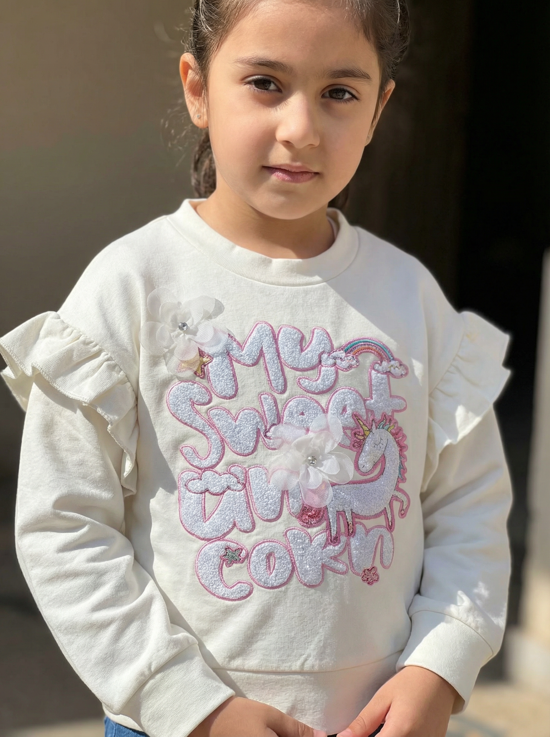 Girls' Cream Unicorn Graphic Ruffle Top