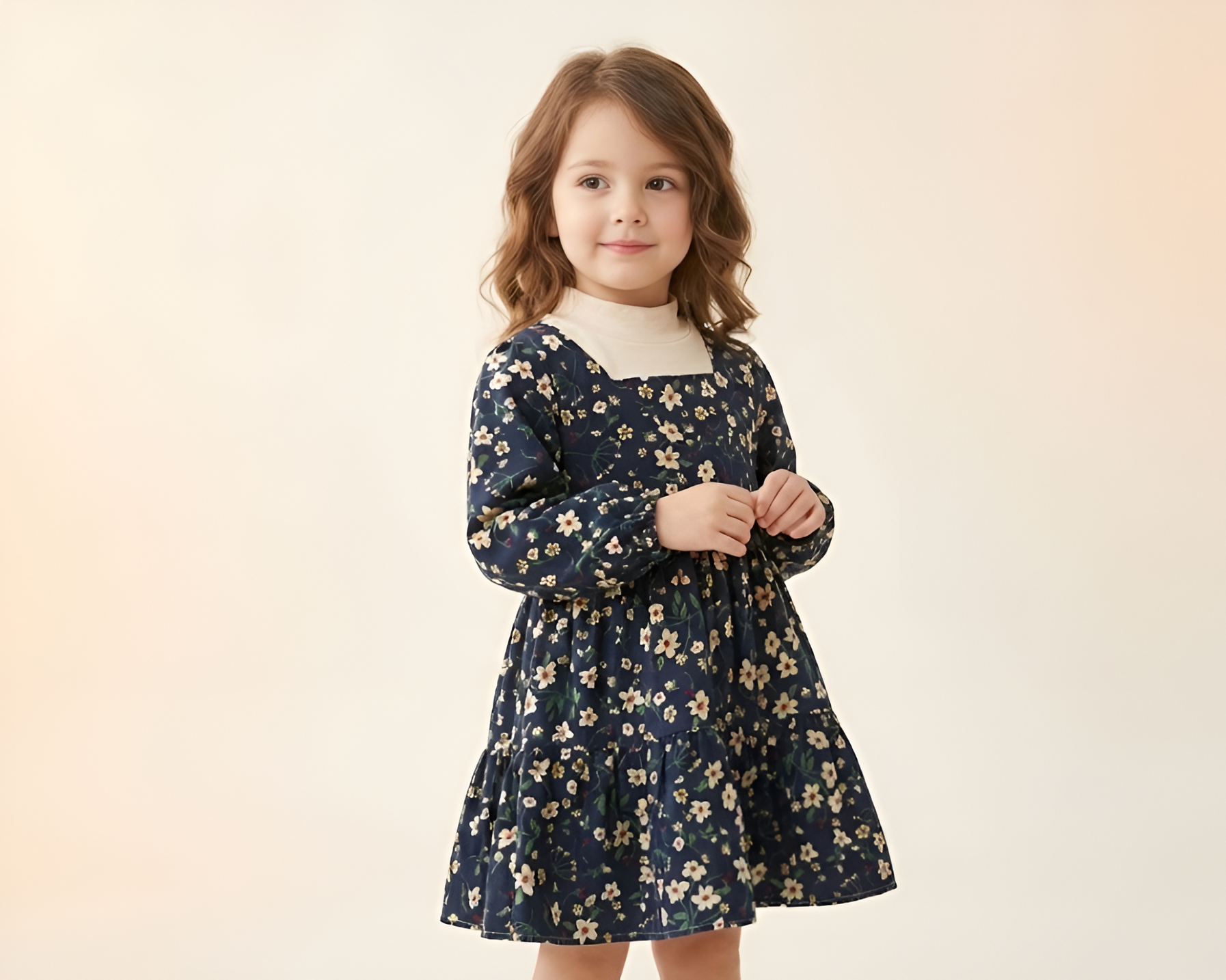 Long-Sleeve Square Neck Smock Dress with Turtleneck