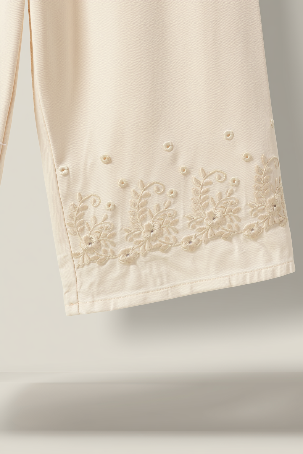 Cream Embroidered Wide-Leg Trousers