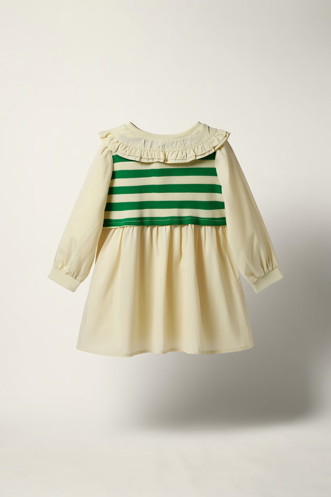 Girls' Cream & Green Striped Knit Bodice Tiered Dress