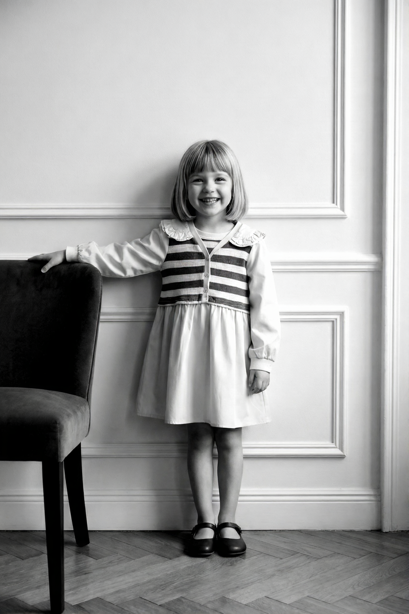 Girls' Cream & Green Striped Knit Bodice Tiered Dress