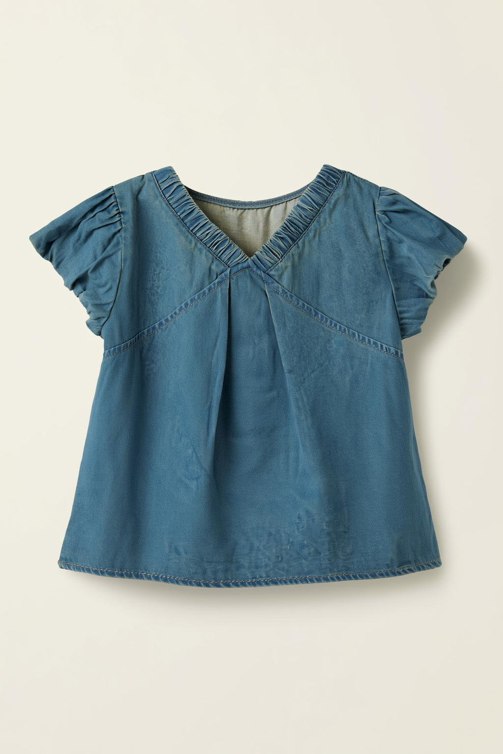 Pleated V-Neck Denim Top