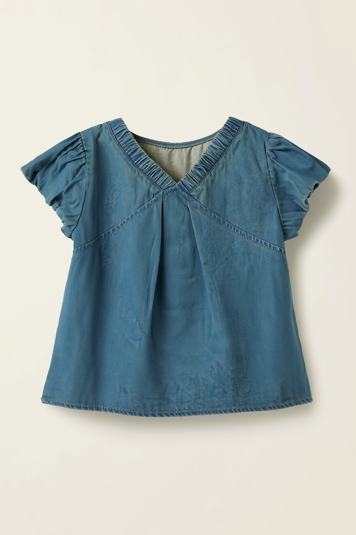 Pleated V-Neck Denim Top