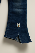 Girls' Dark Blue Floral Embroidered Split-Hem Flare Jeans