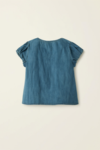 Pleated V-Neck Denim Top