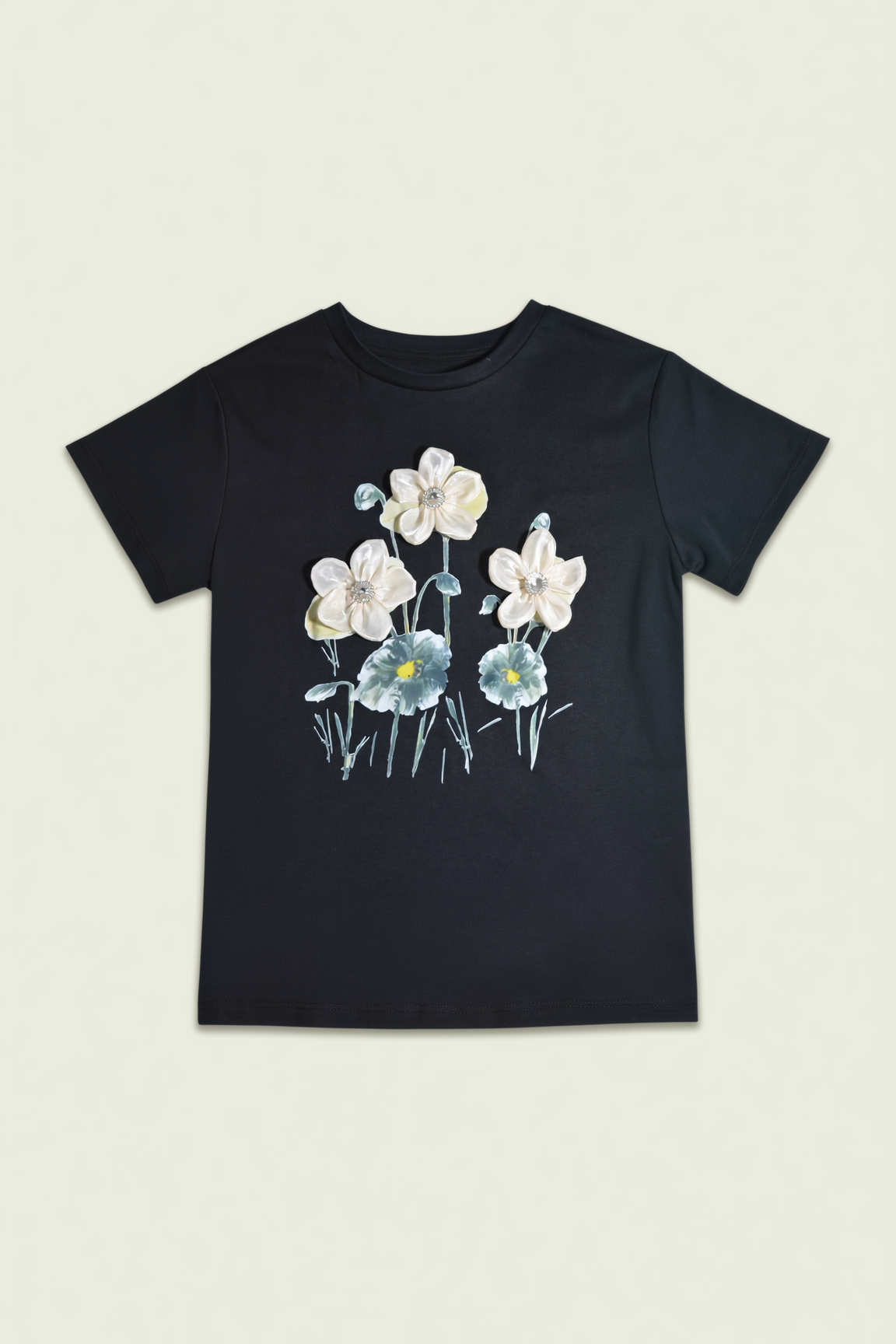 Black T-Shirt with White Corsage Detail
