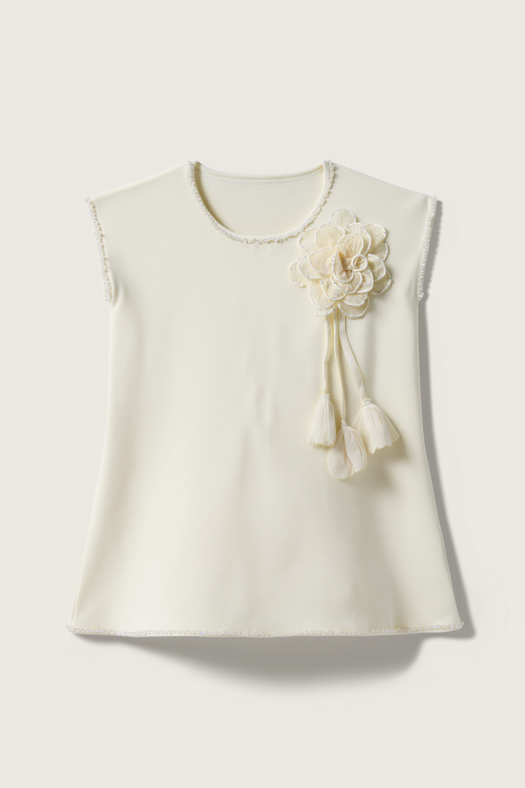 Girls' Cream Cap Sleeve Top with 3D Flower Detail