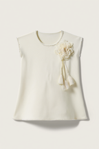 Girls' Cream Cap Sleeve Top with 3D Flower Detail