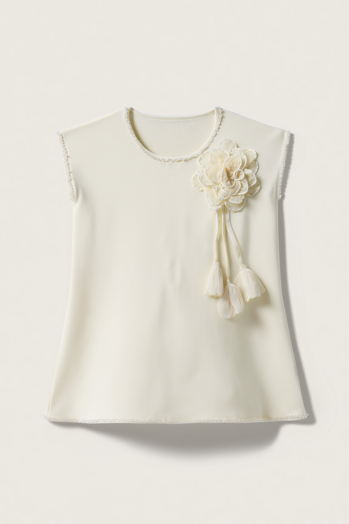 Girls' Cream Cap Sleeve Top with 3D Flower Detail