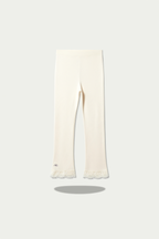 Girls light beige ribbed flared leggings with lace trim