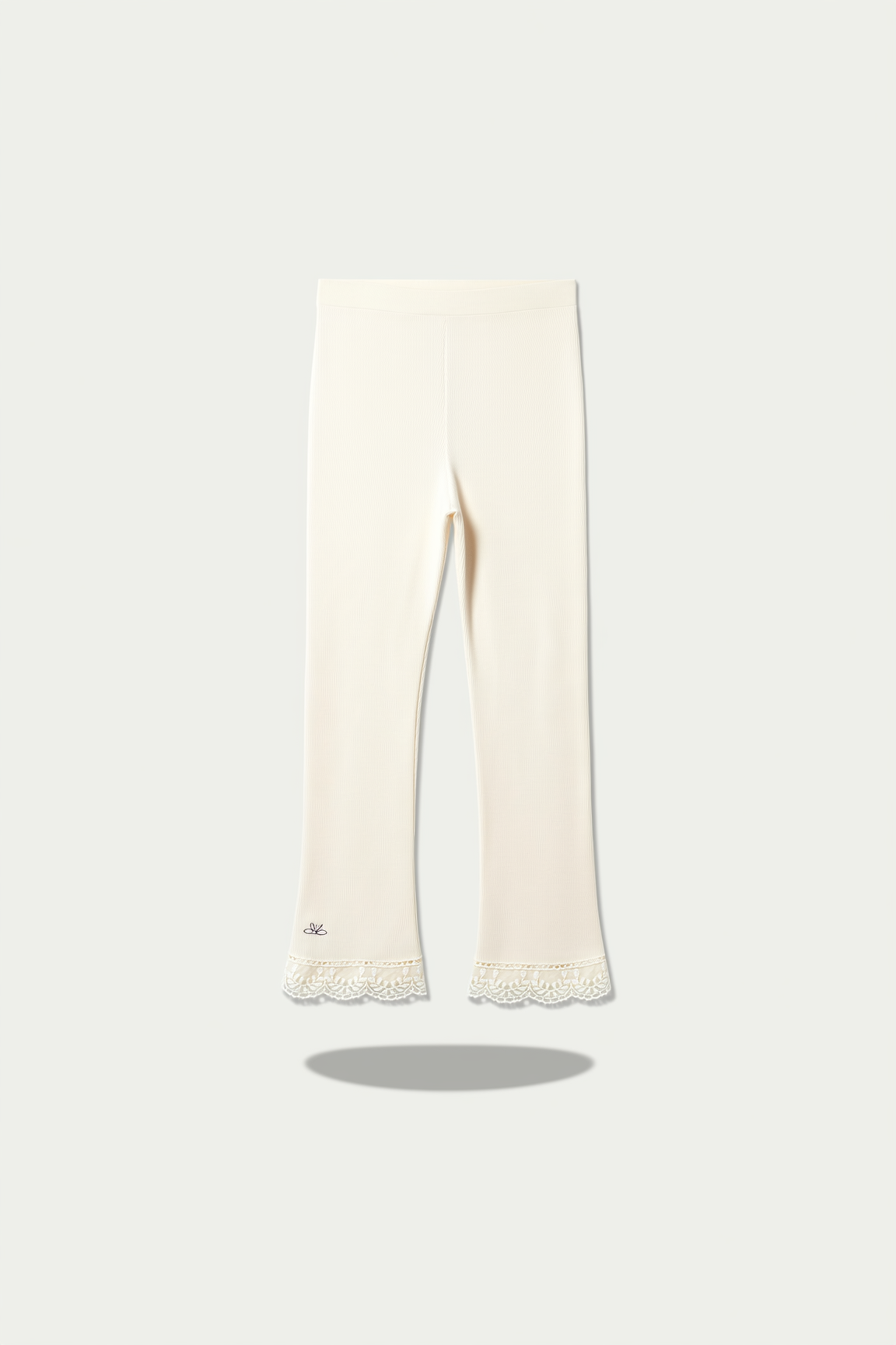 Girls light beige ribbed flared leggings with lace trim