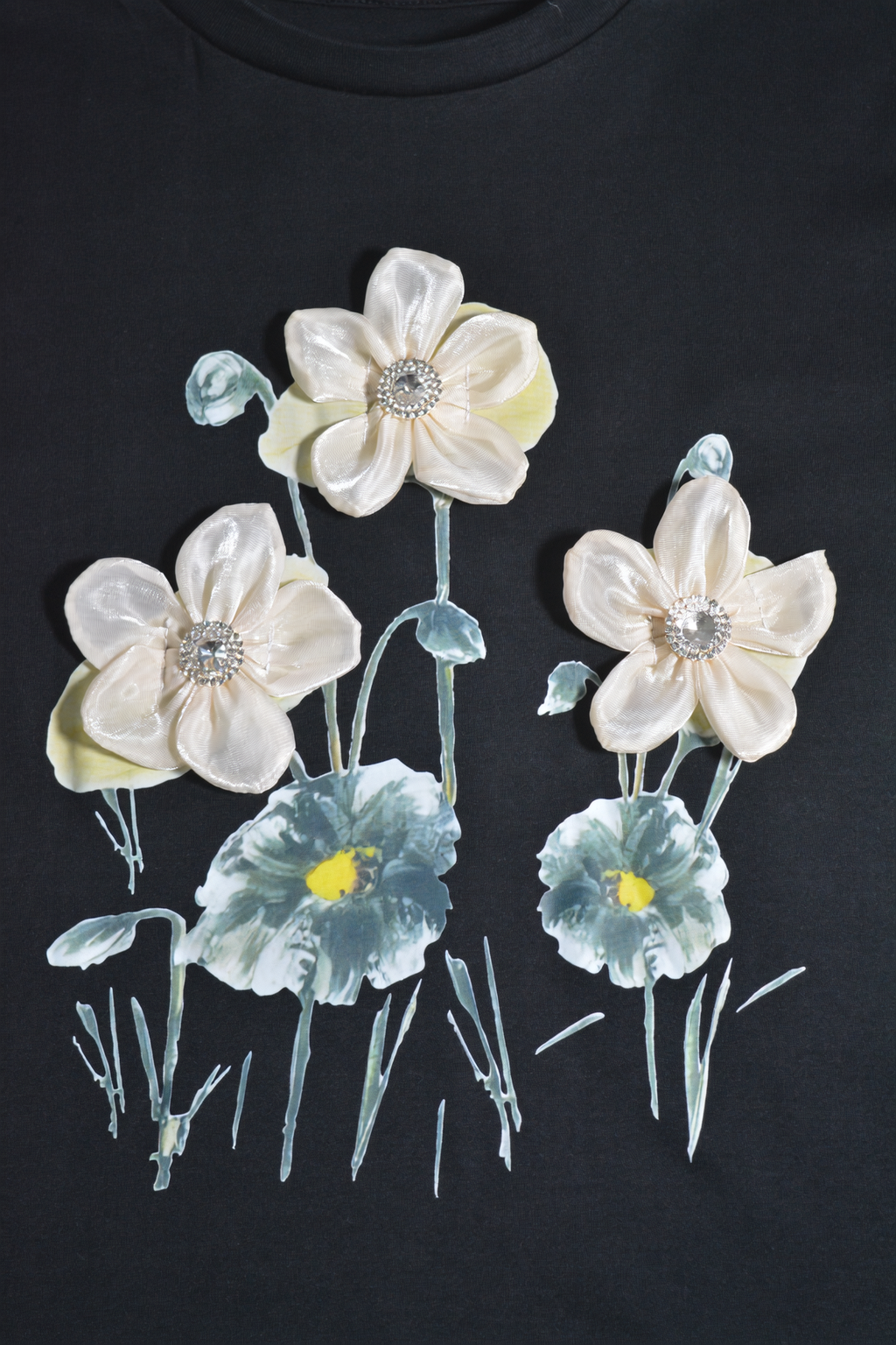 Black T-Shirt with White Corsage Detail