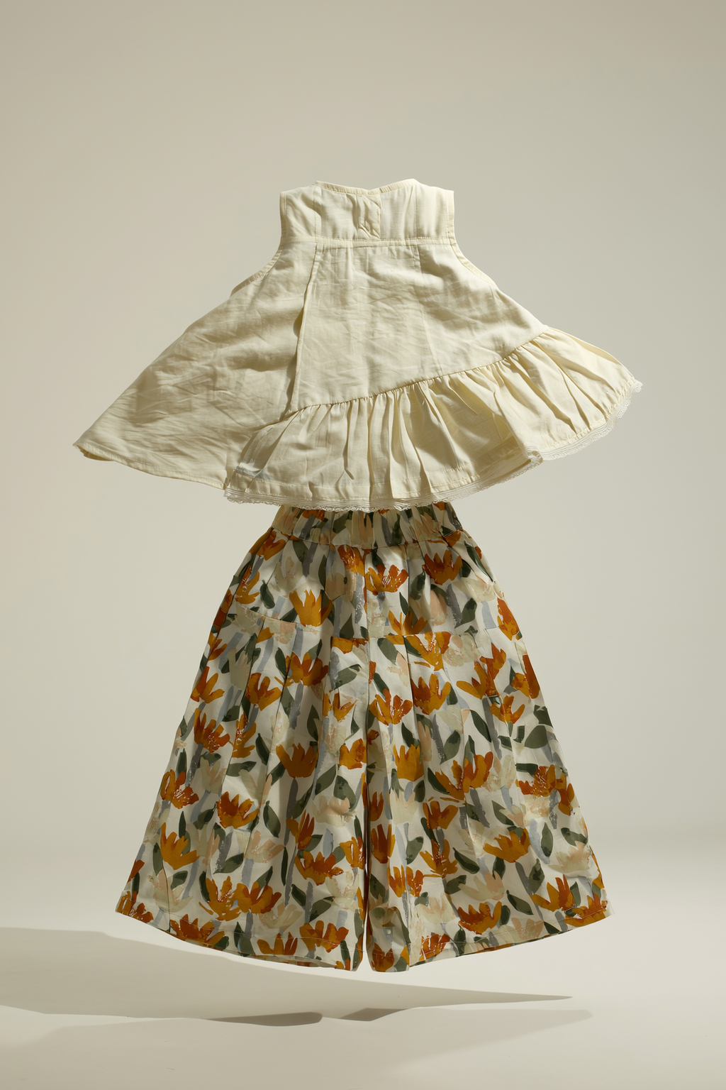 Girls' Cream Tiered Top with Floral Print Wide-Leg Pants