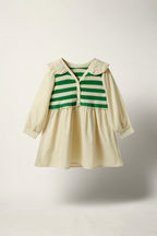 Girls' Cream & Green Striped Knit Bodice Tiered Dress